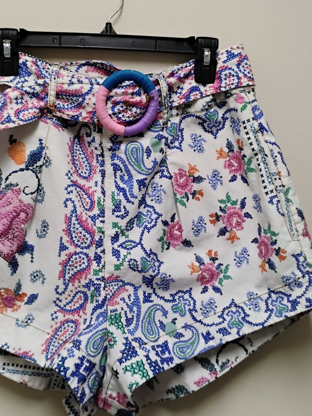 FARM Rio White Paisley & Floral High-Waist Belted Shorts